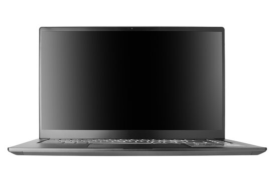 Laptop with blank black screen on white background isolated close up front view, modern slim computer design, open empty display, pc mockup, studio shot, copy space
