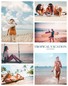 Collection collage of images of different happy young active people on summer vacation at the sea. Diversity concept