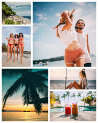 Collection collage of images of different happy young active people on summer vacation at the sea....
