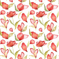 Poppy flowers red petals and green leaves seamless pattern.