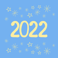 Fototapeta na wymiar lettering 2022, stars and snowflakes on blue background vector flat style, banner, card, poster. holiday, new year
