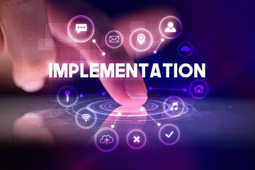 Finger touching tablet with web technology icons and IMPLEMENTATION inscription, web technology concept