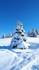 Amazing view of a group of isolated pine trees covered by fresh snow after snowfall. Alpine and winter contest. Wonderful landscape. Freedom and peaceful contest