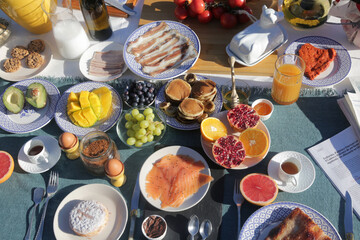 breakfast morning buffet brunch with food and drinks