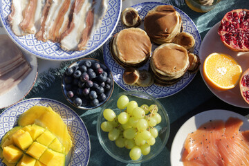 breakfast morning buffet brunch with food and drinks