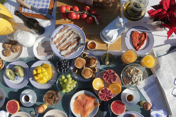 breakfast morning buffet brunch with food and drinks