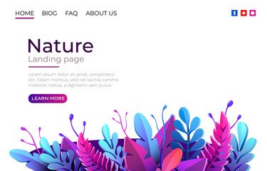Landing page template with green trendy exotic palm leaves background. Tropical botanical design. Vector concept for website development