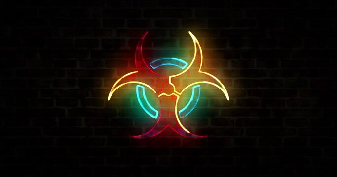 Biohazard symbol, virus pandemic, covid-19 epidemic, danger warning, toxic and biological alert neon sign on brick wall. Abstract 3d rendering loopable and seamless animation.