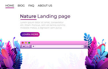 Nature landing page, Design internet browser template. Windows frame search, webpage. Vector