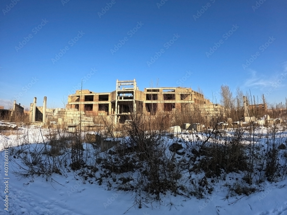 Wall mural Abandoned construction site of Hospital. Built as a center for radiation and burn injuries after the Chernobyl disaster.Abandoned at 1991,during Ukrainian undependence crisis. Kiev Region,Ukraine