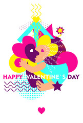 Happy couple in love hugging each other. Young people on Valentine day. Trending informal characters.