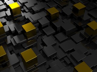 Dark silver and orange golden cubes. Abstract metallic background