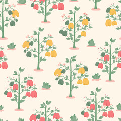 Vector seamless pattern with yellow, red and green bell peppers