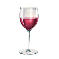 Red wine glass watercolor illustration. Hand drawn realistic fresh alcohol beverage element. Cristal clear glass with cabernet, merlot, chianti wine on white background. Delicious alcohol grape drink.