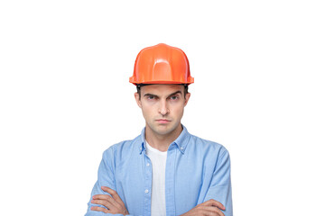 Serious constructor in helmet with his arms crossed looks at the camera,, portrait, isolated background, copy space