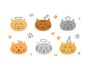 Set of cute colorful cat faces with outline doodles and hearts, paws around in Scandinavian style isolted on white background. Great for baby shower.