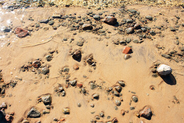Obraz premium Background of transparent sea water and bottom with rocks, close-up, top view