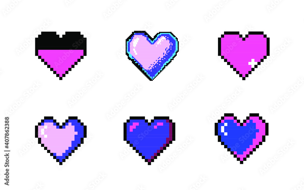 Poster set of pixel art heart icons. vector 8-bit retro style illustration.