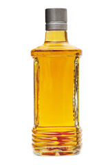 Bottle of vodka with chilli pepper isolated on white.