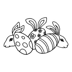 Three Easter eggs, followed by rabbits. Hand drawn. Coloring page. Doodle style.
