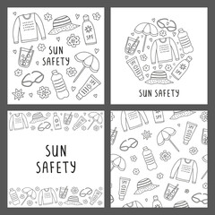 Set of cards with doodle outline sun safety icons isolated on grey background. Composition, poster and seamless pattern.