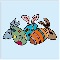 Three painted Easter eggs, Easter bunnies behind the eggs. Hand drawn. Doodle style.