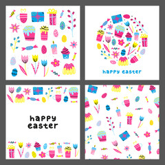 Fototapeta na wymiar Set of cards with colorful doodle decorative Easter icons isolated on grey background. Composition, poster and seamless pattern.