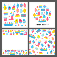 Set of cards with colorful doodle decorative Easter icons isolated on grey background. Composition, poster and seamless pattern.