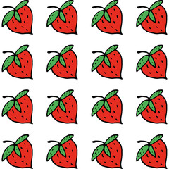 Seamless pattern red strawberries with green leaves on a white background. Scribble. Vector illustration. Hand drawing.
