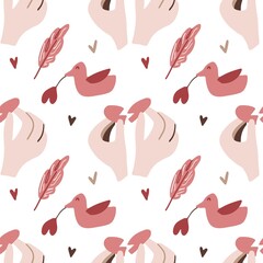 Pattern with a broken heart in hands, a duck with a ball-heart and feathers in pastel colors on a white background