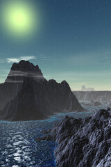 Alien Planet. Mountain and lake. 3D rendering