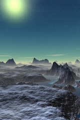 Alien Planet. Mountain and lake. 3D rendering