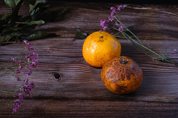 a pair of rotten oranges on a wooden table