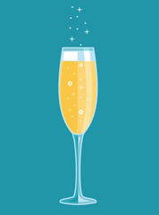 Champagne glass flat design icon. Restaurant alcoholic illustration for celebration design. Beverage outline icon. Isolated on white background in graphic style.