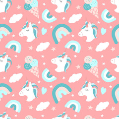 cute vector seamless pattern with hand drawn unicorns, rainbows, ice cream, clouds and hearts on a pink background. childish flat illustration for printing on fabric, clothing, wrapping paper