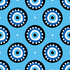 Vector seamless pattern background with conceptual decorated blue evil eyes symbols, talismans, amulets and dots.
