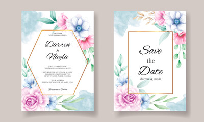 Romantic wedding invitation card template with watercolor flowers