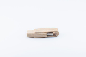 Wooden pen drive on white background