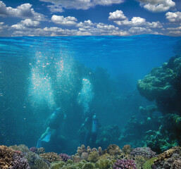 Fototapeta na wymiar Underwater coral reef seabed and water surface with sky