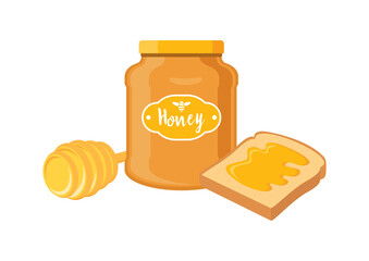 Jar of honey, honey dipper and toast vector. Slice of toast bread with honey icon vector. Honey breakfast icon isolated on a white background