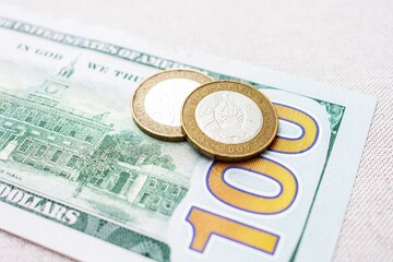 100$ and Belarusian coins, hundred dollars USA, closeup, cropped image, poverty concept