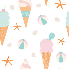 Seamless pattern of icecream cones with shells. beach ball, and starfish on a white background.