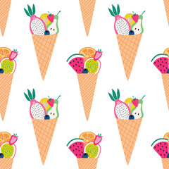 Seamless pattern of colorful fruit cones with sliced fruit.
