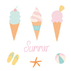 Set of icecream and summer and beach items.