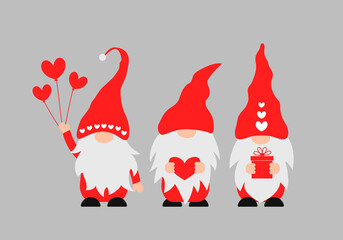 Cute cartoon Valentine gnomes. Scandinavian Nordic Character. Vector template for Valentines Day banner, poster, greeting card, t-shirt, etc.