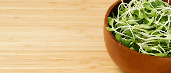 Green fresh young sunflower sprouts on bowl for cooked food healthy vegetables are valuable for nutrition. copy space, design on wooden table. seedling organic concept. 