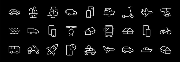 Set of public transport related vector line icons. Contains icons such as bus, bike, suitcase, car, scooter, truck, transport, trolley bus, sailboat, motor boat, plane and much more. Editable stroke.