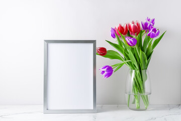 Bouquet blooming red purple white tulip flowers in glass vase and empty poster or photo frame mockup on white marble table in interior.