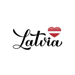 Latvia calligraphy hand lettering isolated on white. Latvian flag in shape of heart. Easy to edit vector template for typography poster banner, flyer, sticker, shirt, postcard, etc
