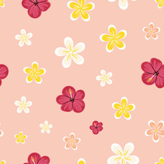 Vector illustration of mixed plumeria and hibiscus tropical flowers seamless repeat pattern on a beige background.